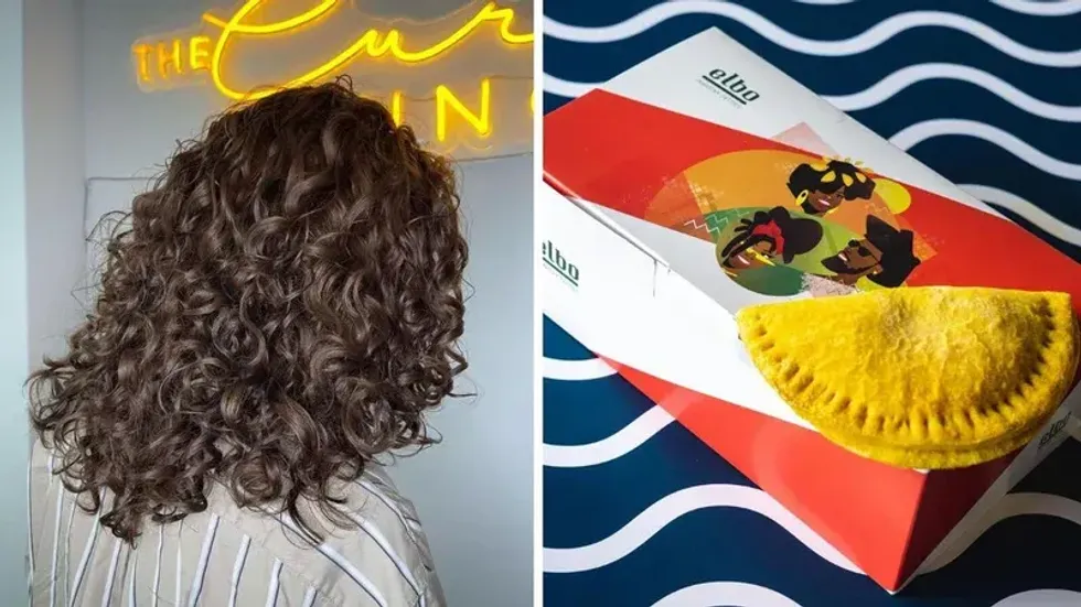 Person after a hair treatment at The Curl Lounge. Right: Box of Jamaican patties from Elbo Jamaican Patties.