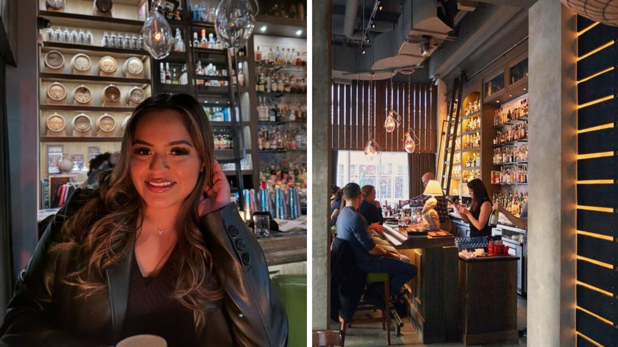 Person at a bar. Right: A bar.