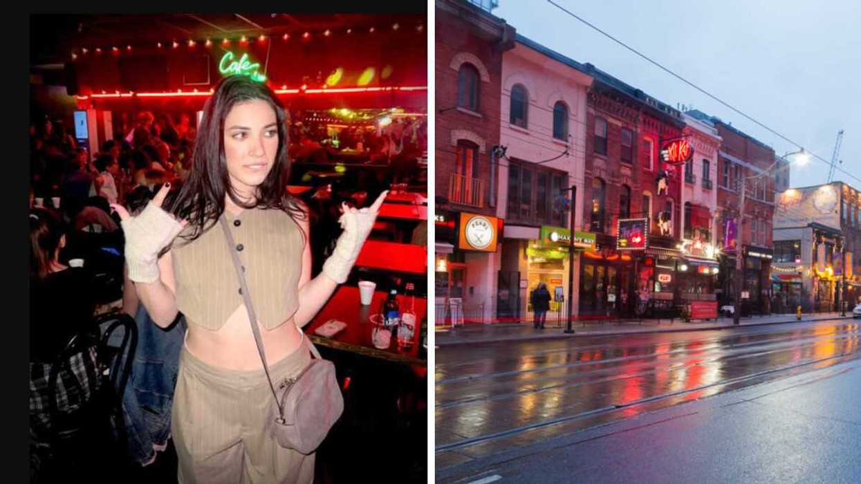 Person at a bar. Right: A street in Toronto.