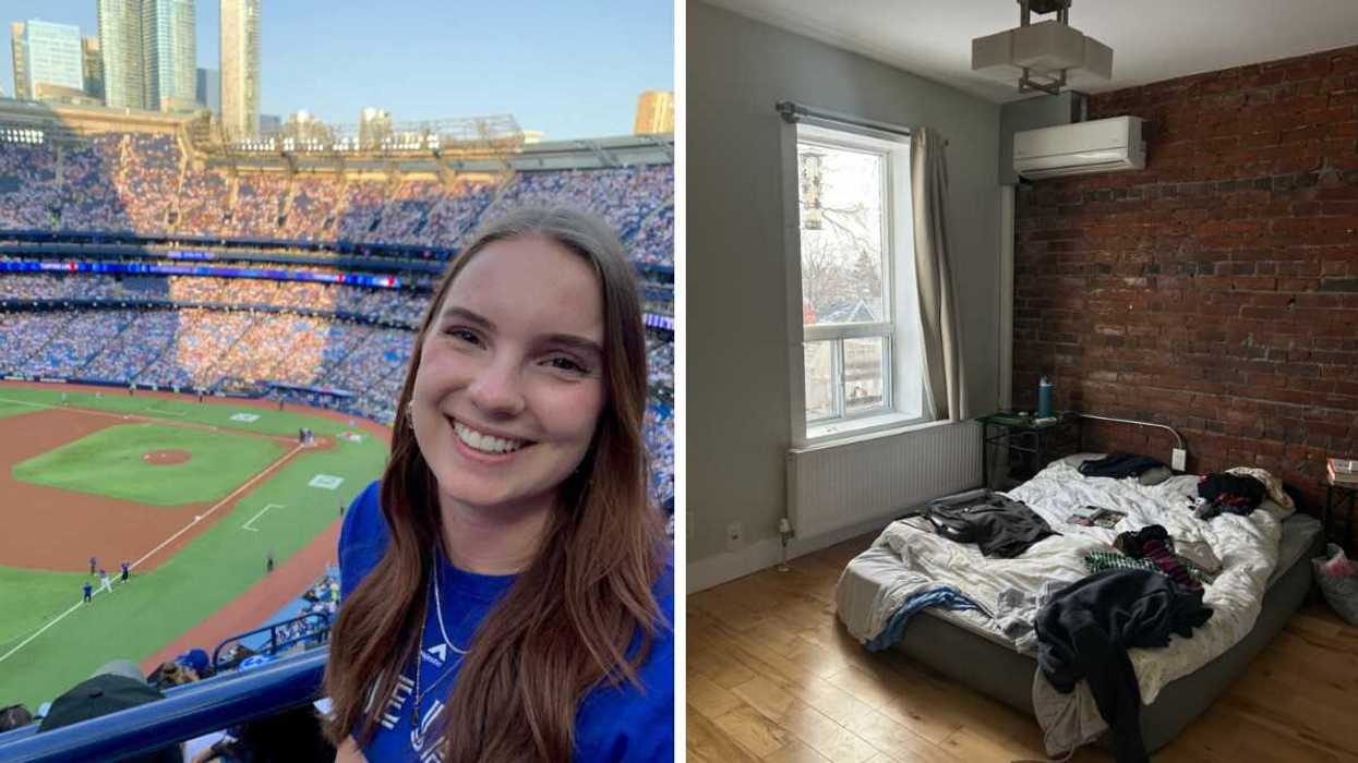 Person at a baseball game. Right: A bedroom in an apartment.