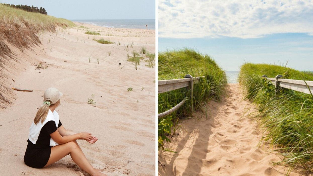 Person at a beach in PEI. Right: Basin Head Provincial Park.