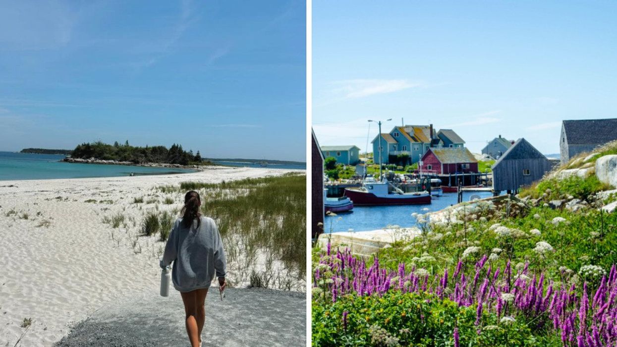 Person at a beach. Right: A fishing village.