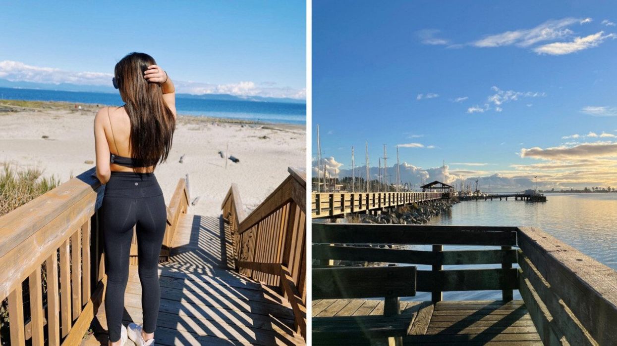 Person at a beach. Right: A pier.
