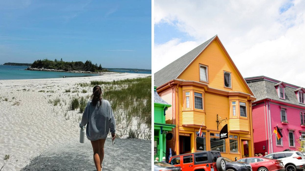 Person at a beach. Right: A street with colourful buildings.
