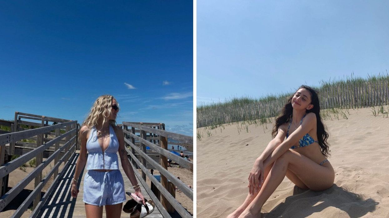 Person at a beach. Right: Person sitting on a beach.