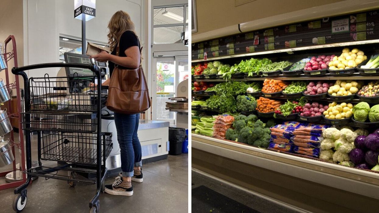 Person at a check out. Right: Grocery store.