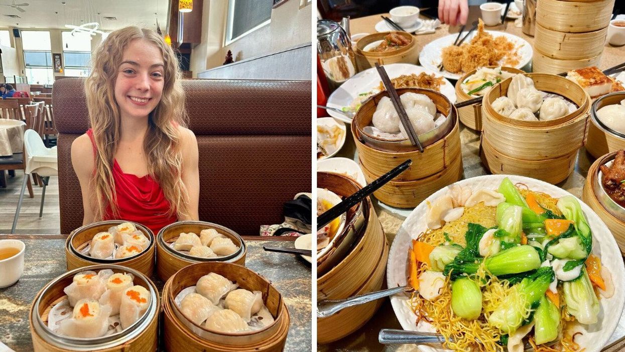 Person at a dim sum restaurant. Right: Multiple dim sum dishes on a table.