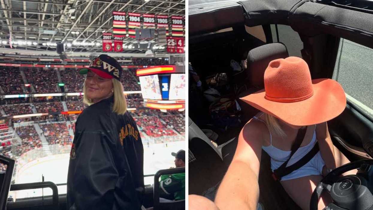 Person at a hockey game. Right: Person sitting in a car.