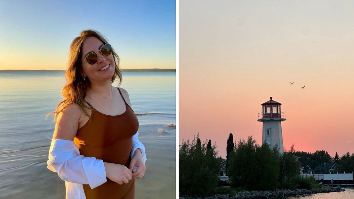 Person at a lake. Right: A lighthouse.