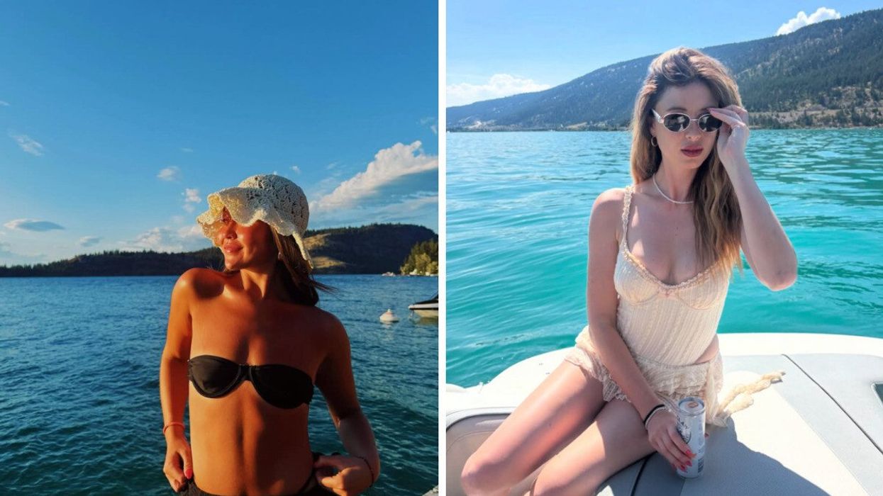 Person at a lake. right: Person on a boat on a lake.