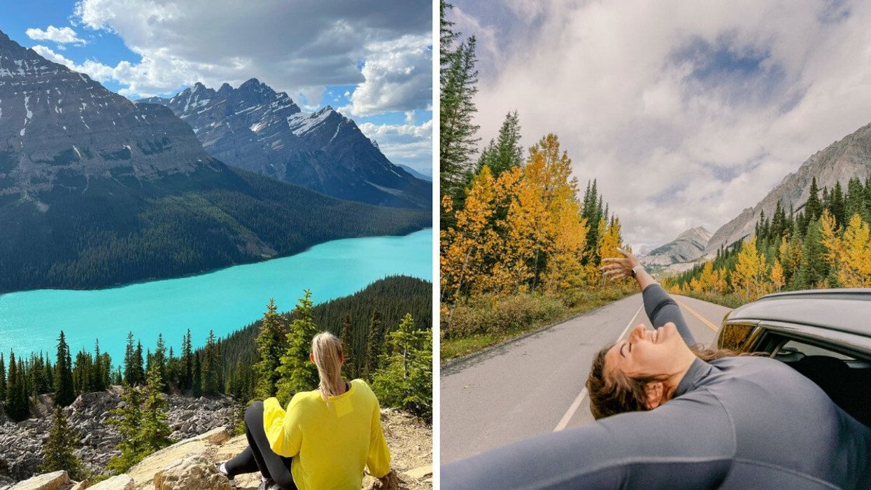 Person at a lookout of a lake and mountains. Right: Person out the window of a car.
