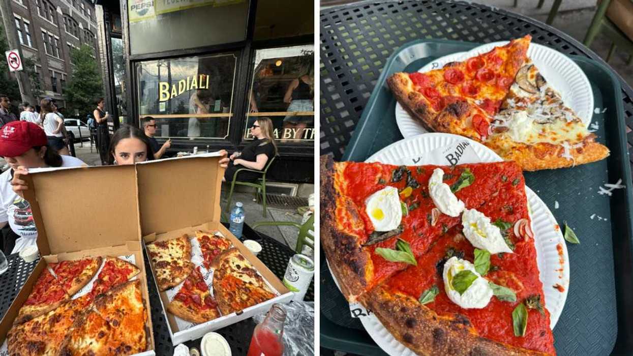 Person at a pizza place in Toronto. Right: Pizza slices.