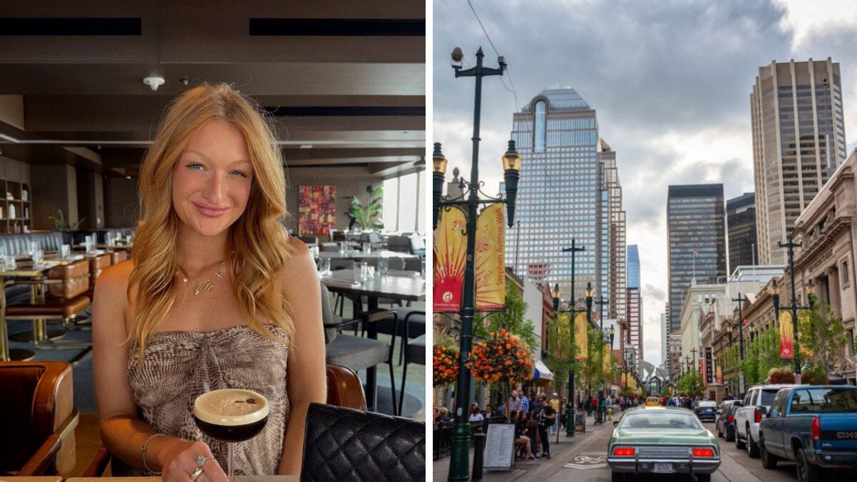Person at a restaurant. Right: A city street.