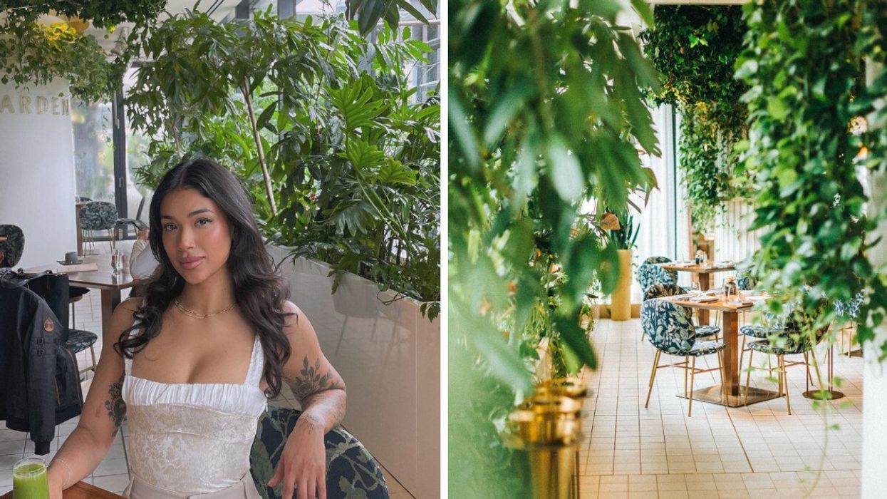 Person at a restaurant. Right: A restaurant with greenery.