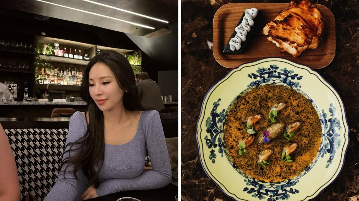 Person at a restaurant. Right: Food at a restaurant/