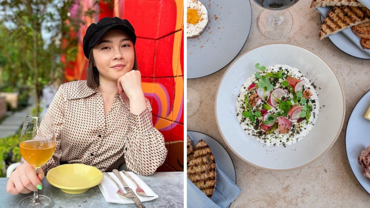 Person at a restaurant. Right: Food on a table.
