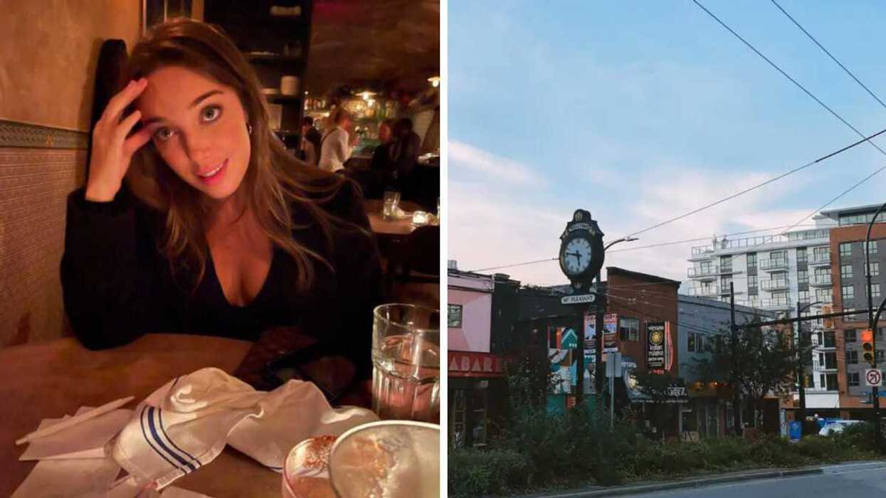 Person at a restaurant. Right: Mount Pleasant Vancouver.