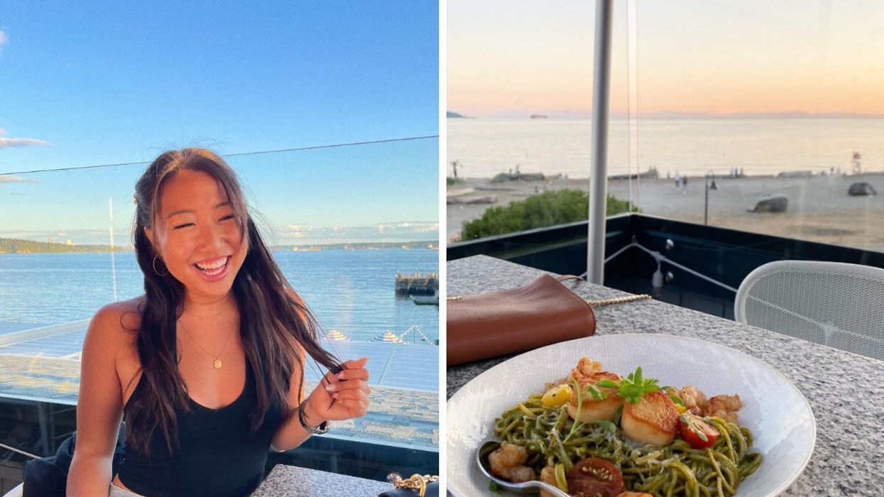 Person at a restaurant. Right: Pasta.