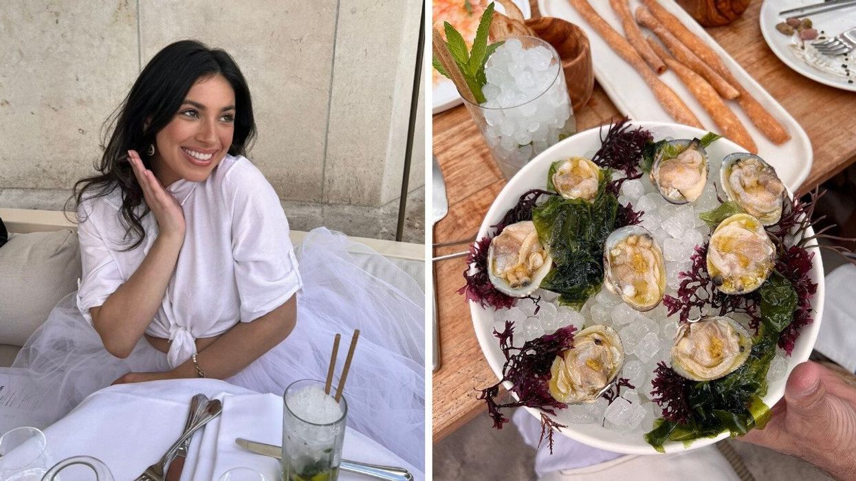 Person at a restaurant. Right: Someone holding oysters.