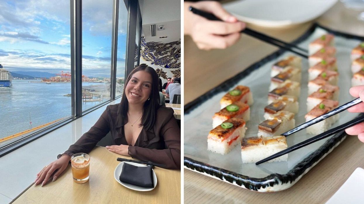 Person at a restaurant with a water view. Right: Sushi.