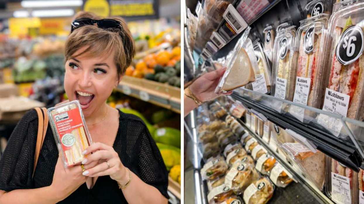 person at a store with a sandwhcih. Right: A grocery store deli shelf.