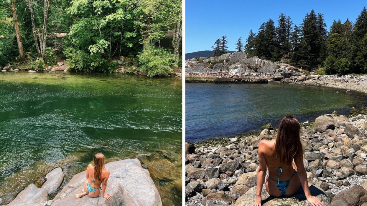 Person at a swimming hole. Right: A rocky beach.