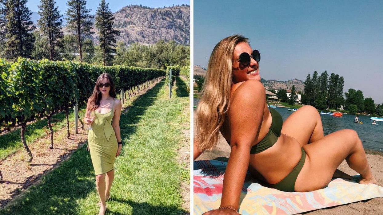 Person at a vineyard. Right: Person at a beach.