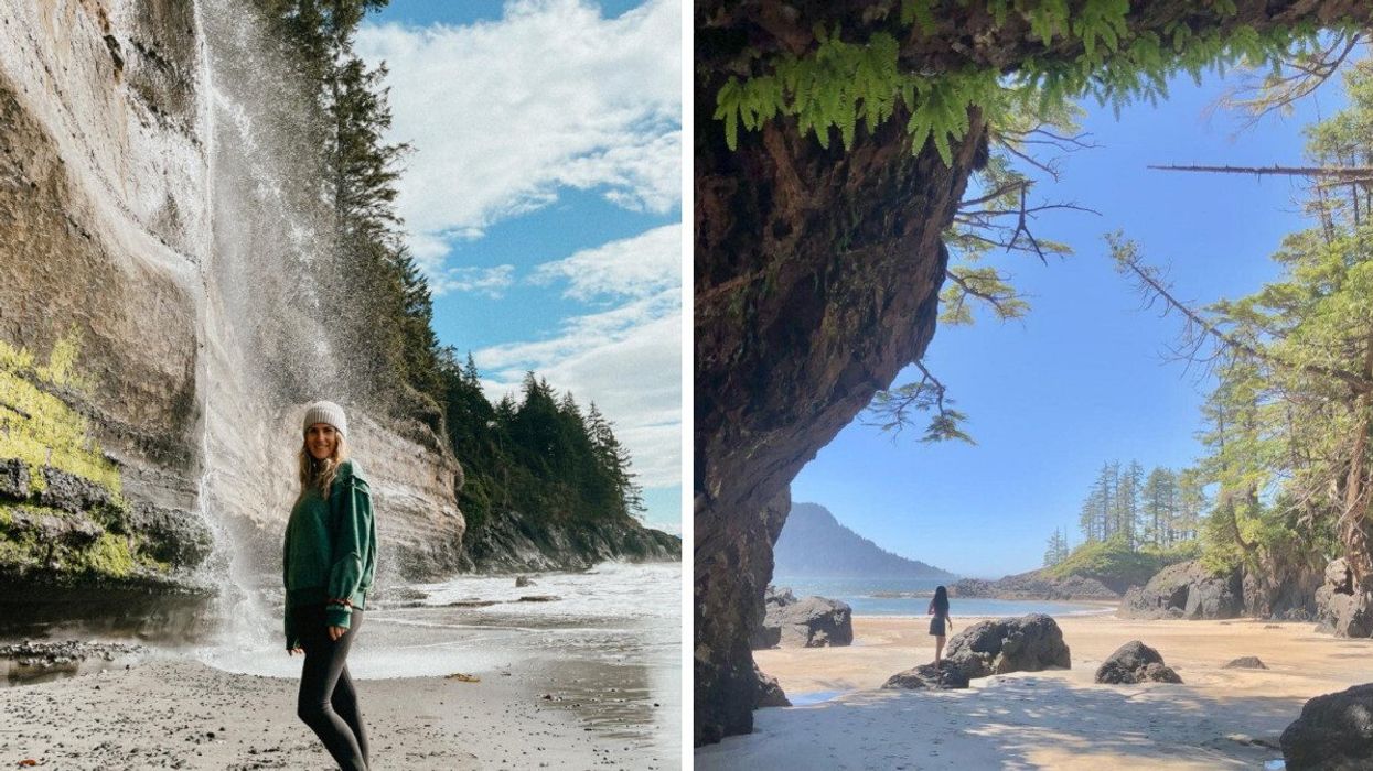 Person at a waterfall. Right: A beach.