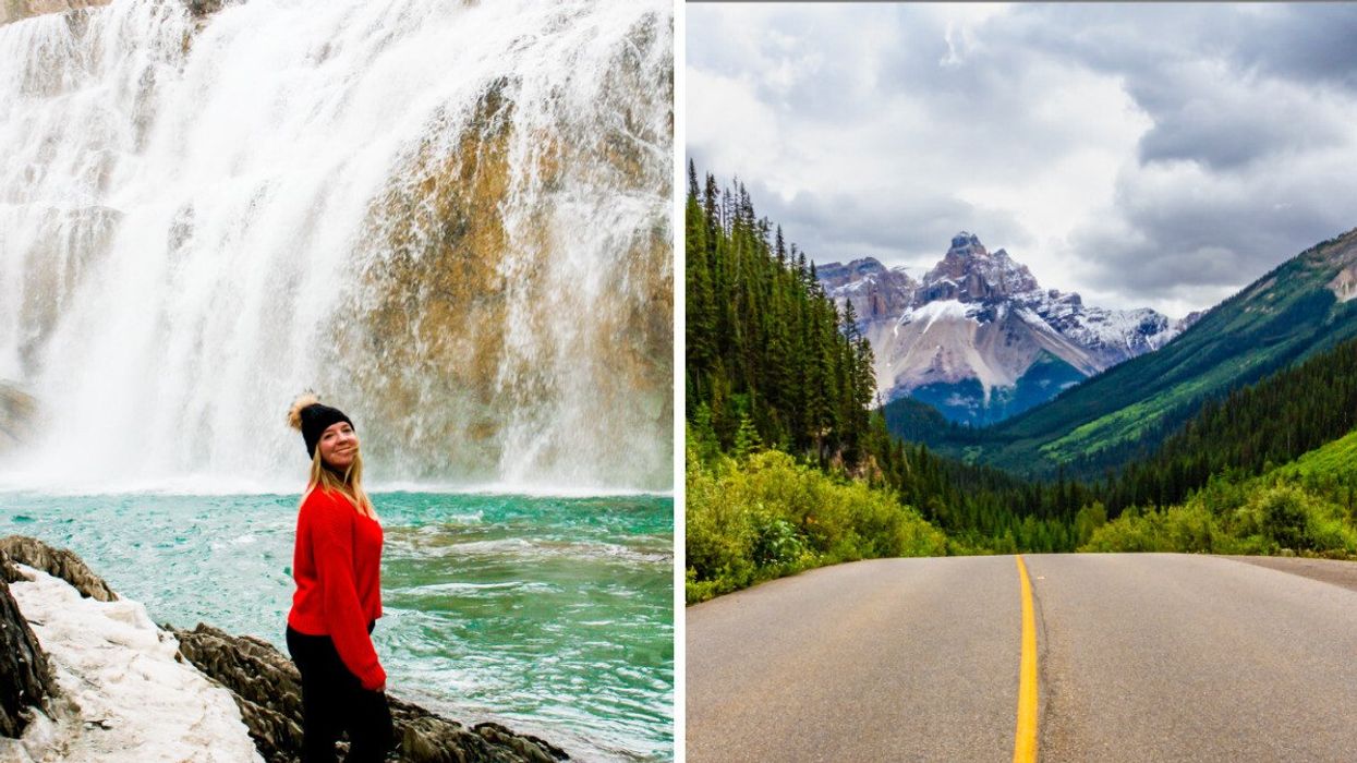 Person at a waterfall. Right: A road with a mountain in the backround.
