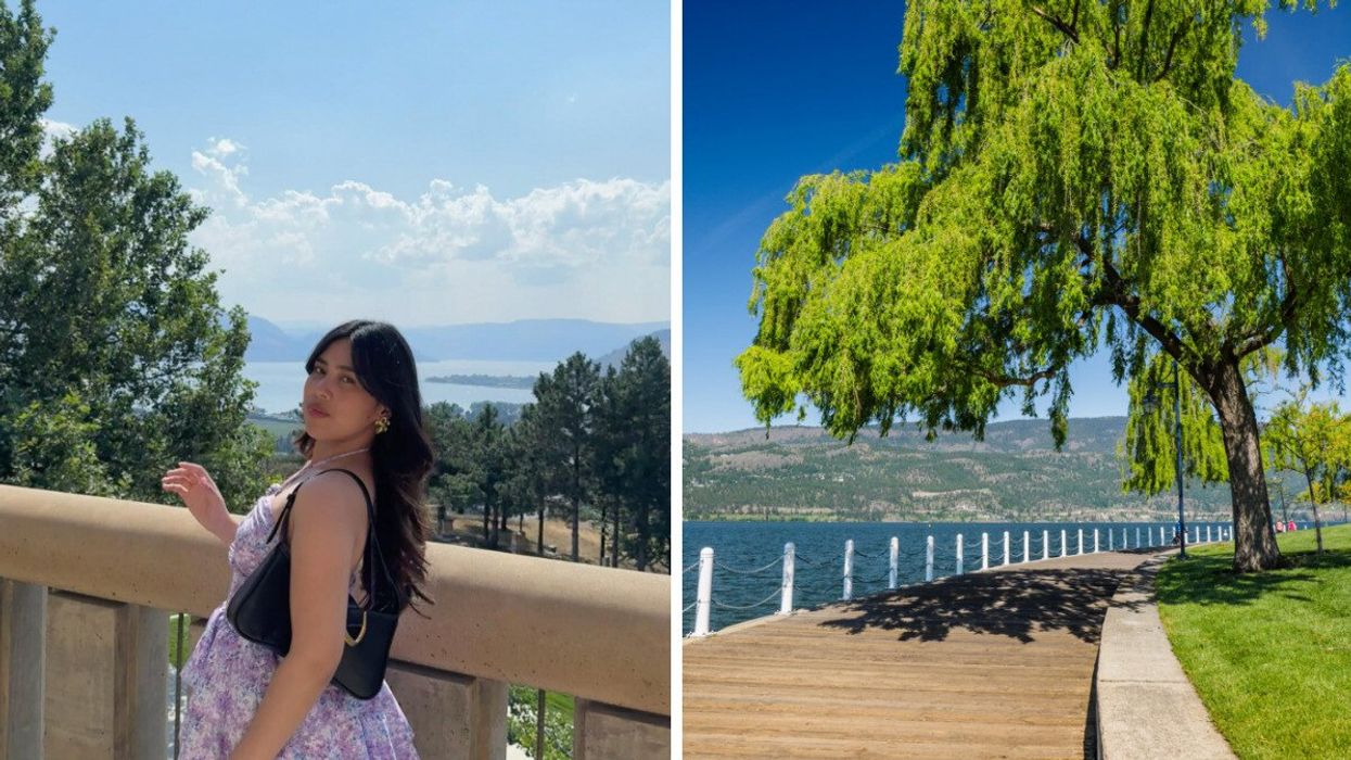 Person at a winery. Right: A lakeside trail.
