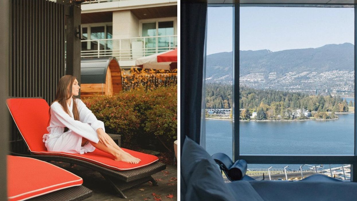 Person at an outdoor spa. Right: A view of the ocean and mountains out of a window from a hotel room.