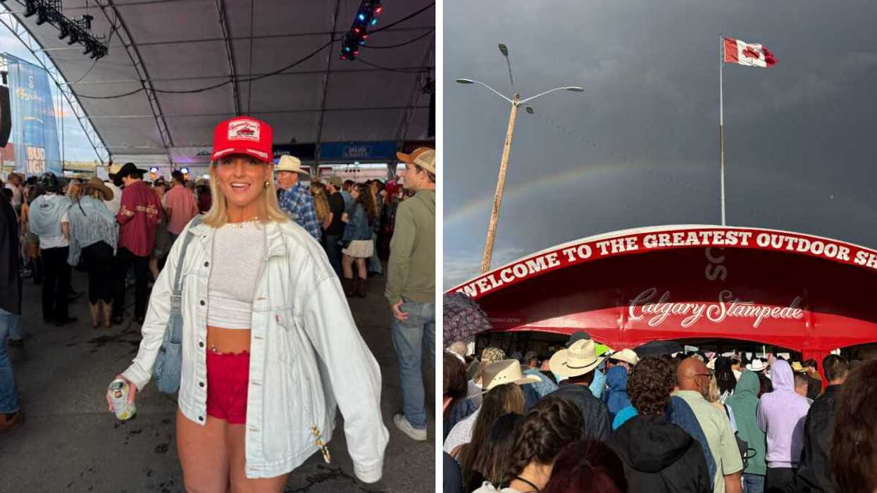 Person at Calgary stampede. Right: Stampede.