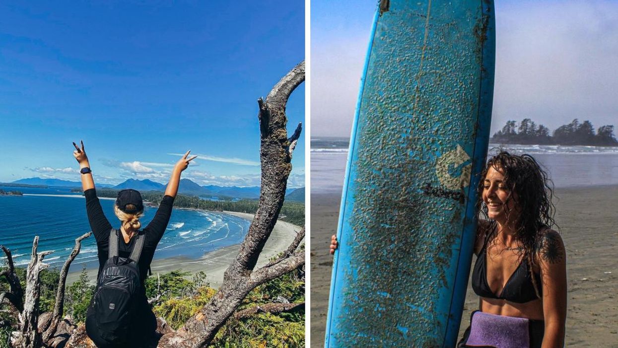 Person at Cox Bay Lookout in Tofino. Right: Person surfing in Tofino, B.C.
