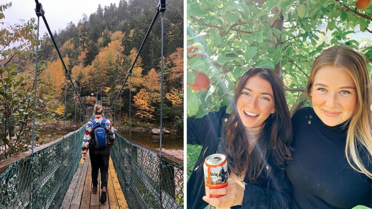 Person at Fundy National Park in New Brunswick. Right: People apple picking.