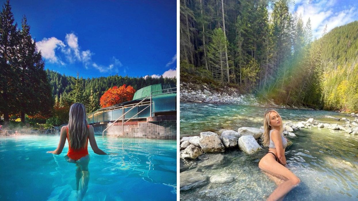 Person at Harrison Hot Springs in BC. Right: Person at Lussier Hot Springs in B.C.