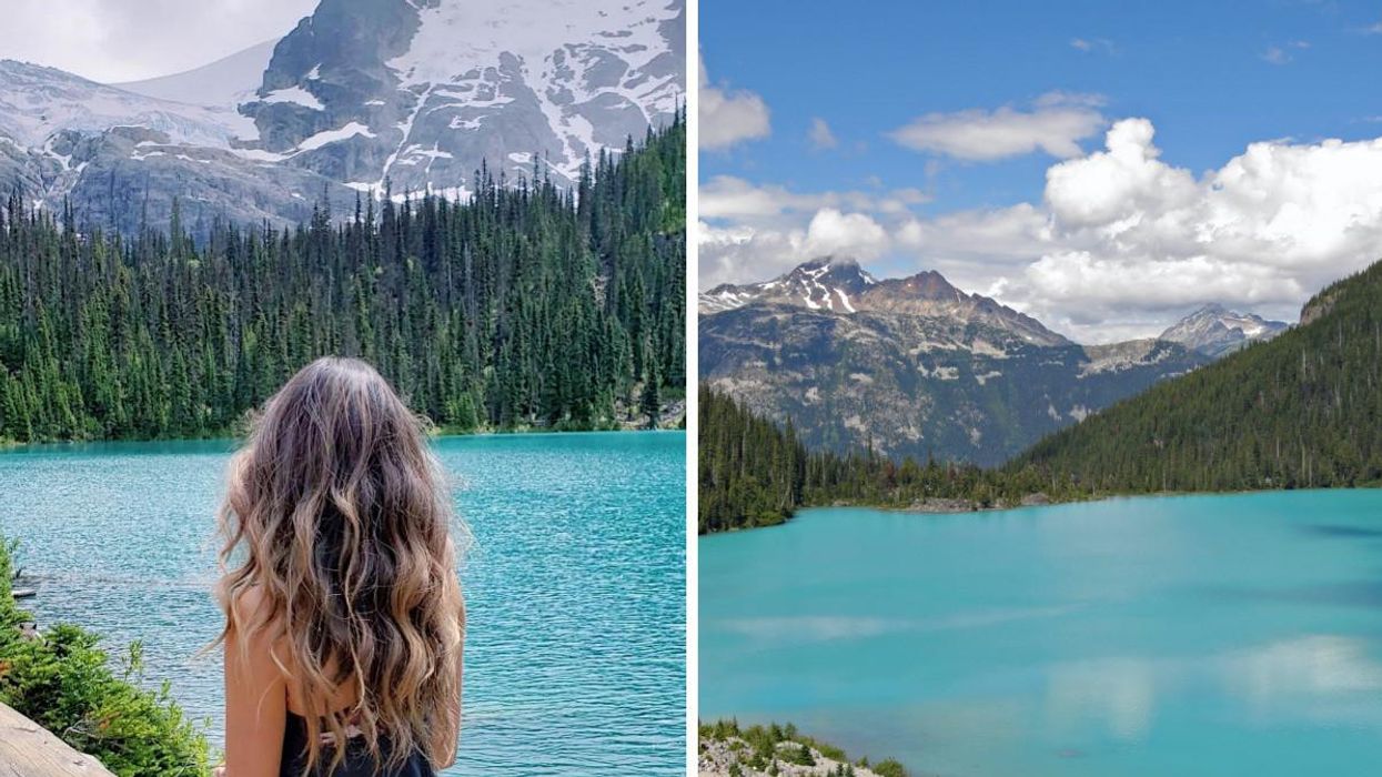 Person at Joffre Lake. Right: Joffre Lake.