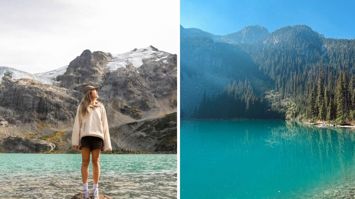 Person at Joffre Lakes. Right: Joffre Lakes.