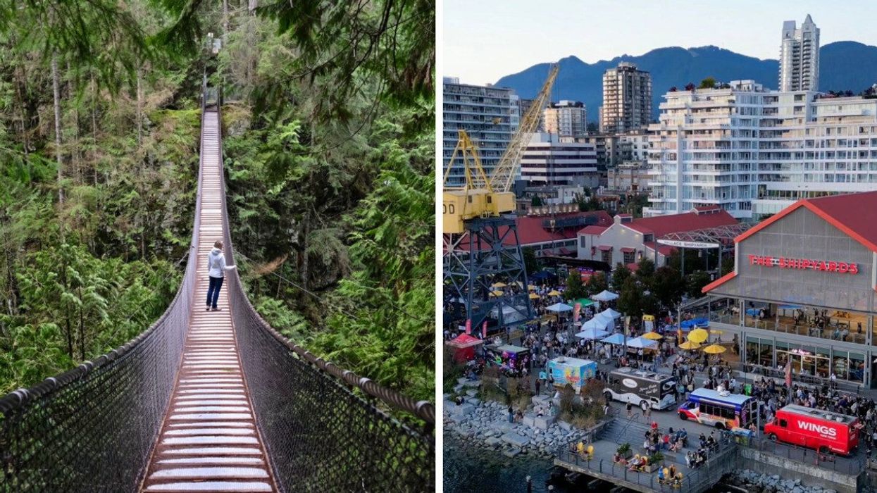 Person at Lynn Canyon Suspension Bridge in North vancouver. Right: North Vancouver's Shipyards Night Market.