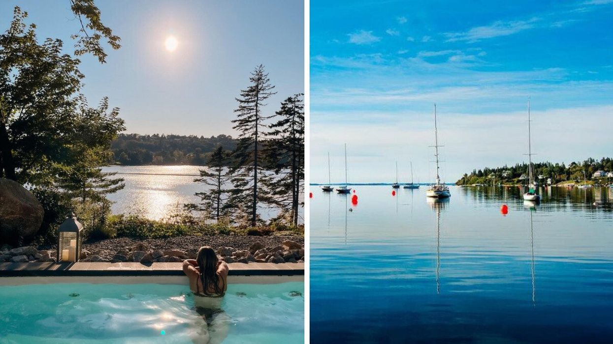 Person at SENSEA Nordic Spa in Chester. Right: Chester, Nova Scotia.