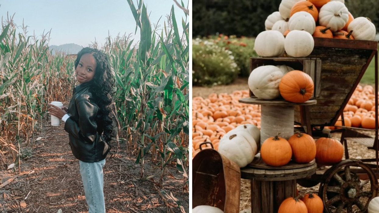 Person at the Chilliwack Corn Maze. Right: Greendale Acres Farm.