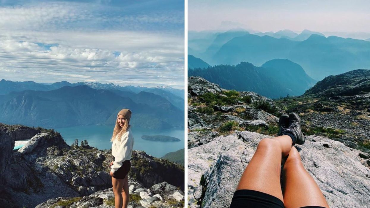 Person at the peak of the Golden Ears Trail in B.C. Right: View from the top of the Golden Ears Trail in B.C.
