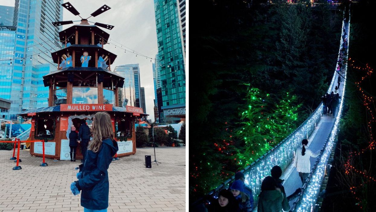 Person at the Vancouver Christmas Market. Right: Capilano suspension bridge during the holiday season.