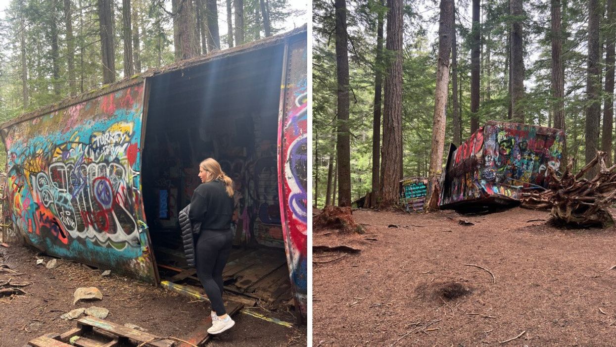 Person at the Whistler Train Wreck. Right: The Whistler Train Wreck.