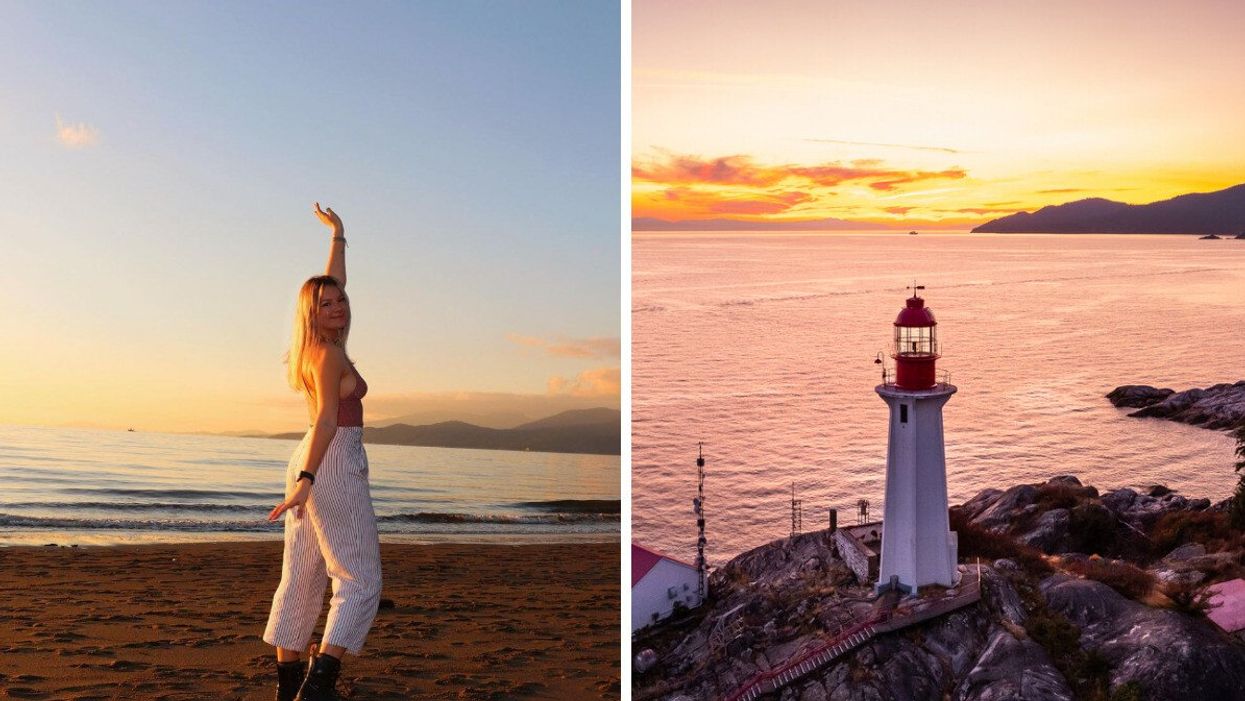 Person at Wreck Beach in Vancouver. Right: Lighthouse Park Vancouver.
