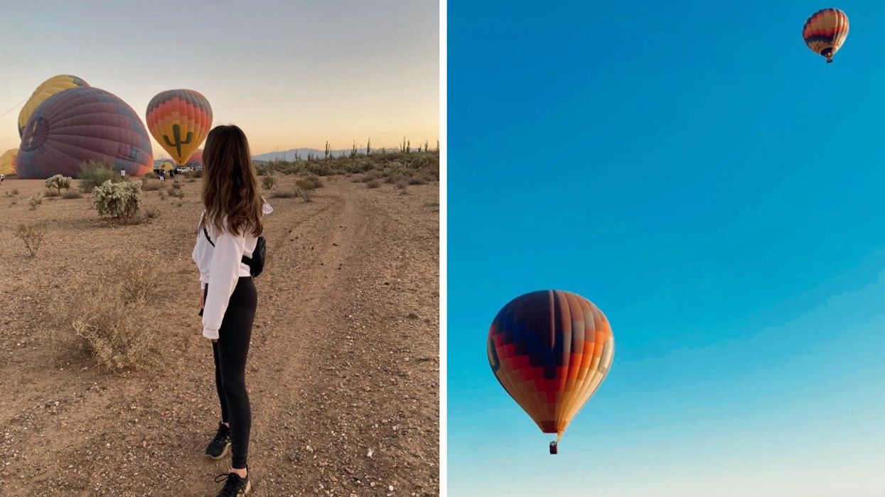 Person beside hot air balloons. Right: Hot air balloons in Arizona.