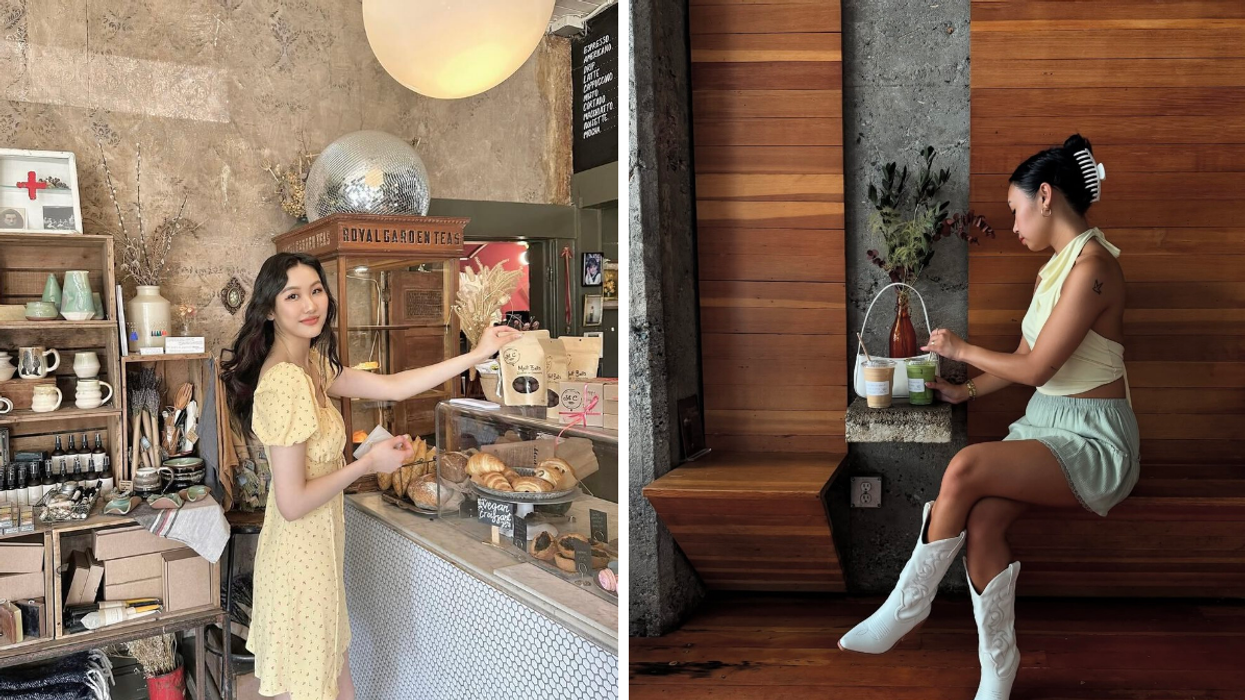 Person buying coffee in eclectic shop. Right: Person sitting with iced matcha and iced coffee.