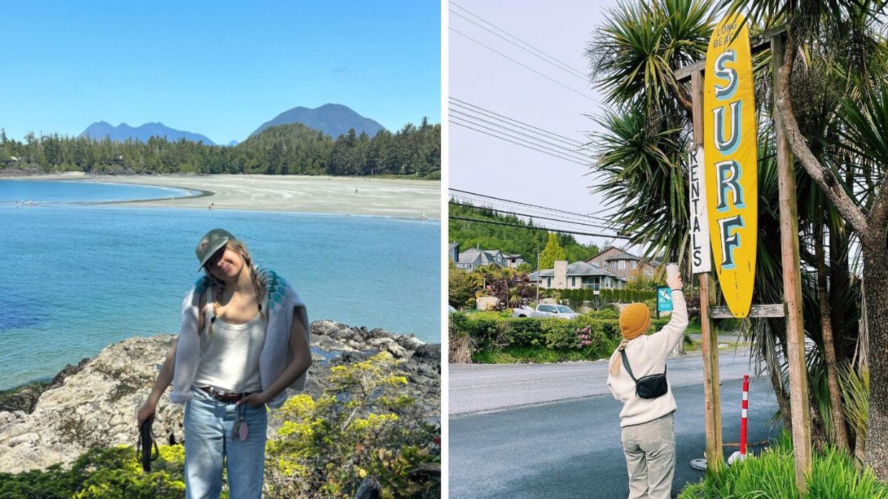 PErson by a beach. Right: Someone in a town in front of a surf shop rental sign.
