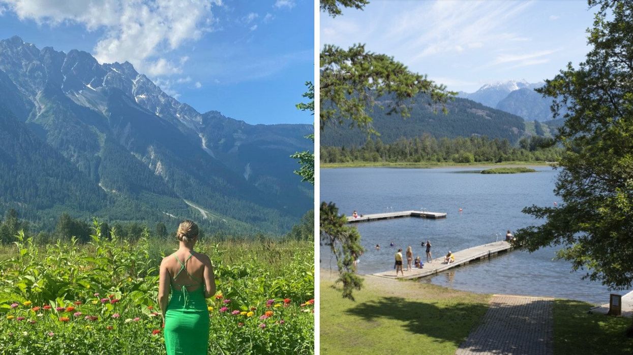 Person by a field of flowers. RIght: A lake.