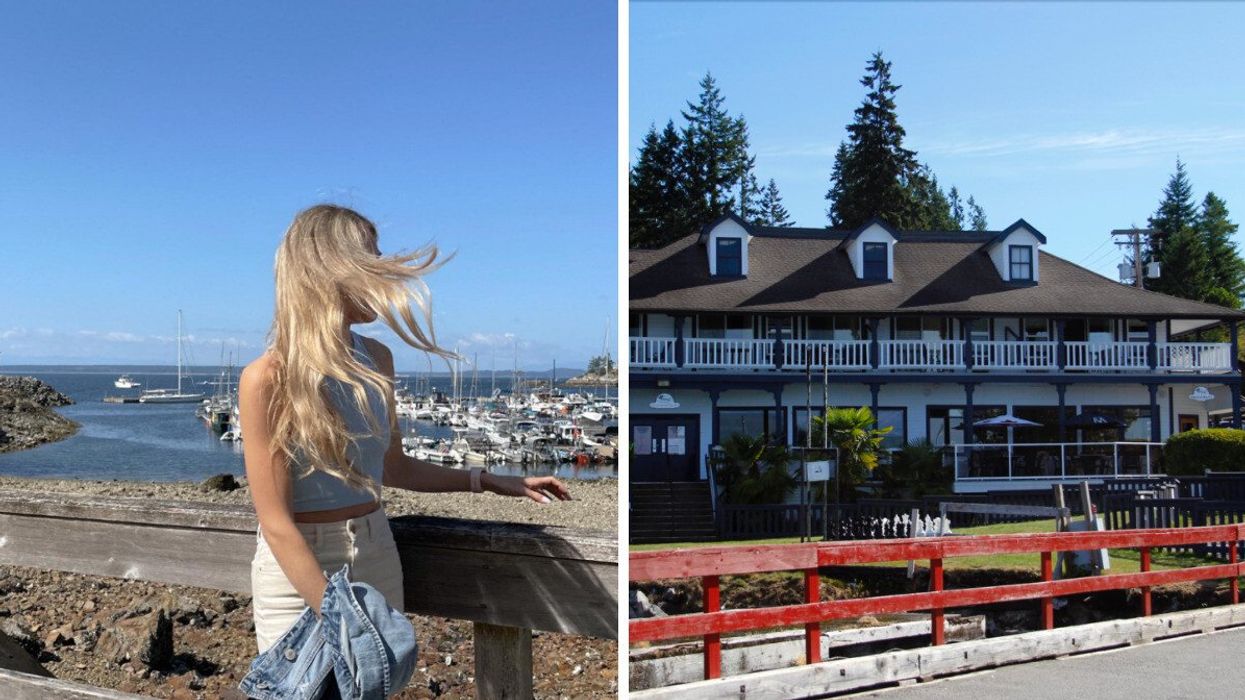 Person by a harbour in BC. Right: A building.