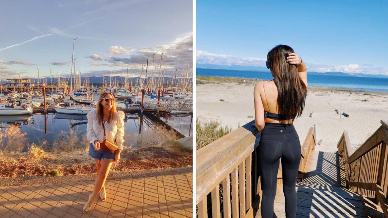 Person by a harbour. Right: Someone at a beach.
